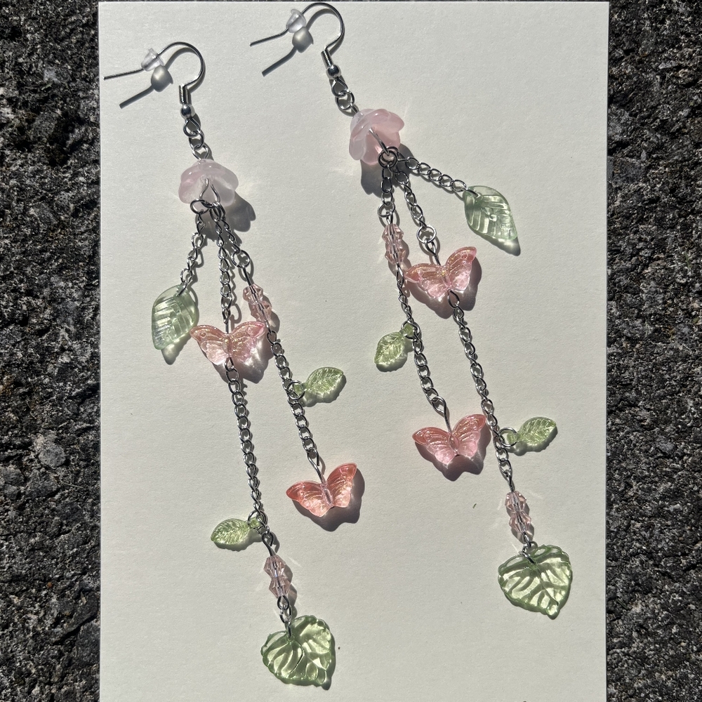 Nature Inspired Leafy Butterfly Earrings - Pink - Drop Dangle Stainless Steel
